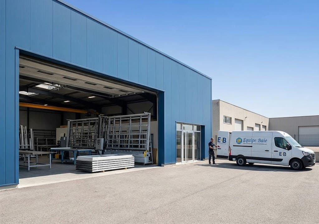 Façade de l'atelier Atelier Fermetures, porte ouverte sur la ligne de fabrication, camion de livraison devant