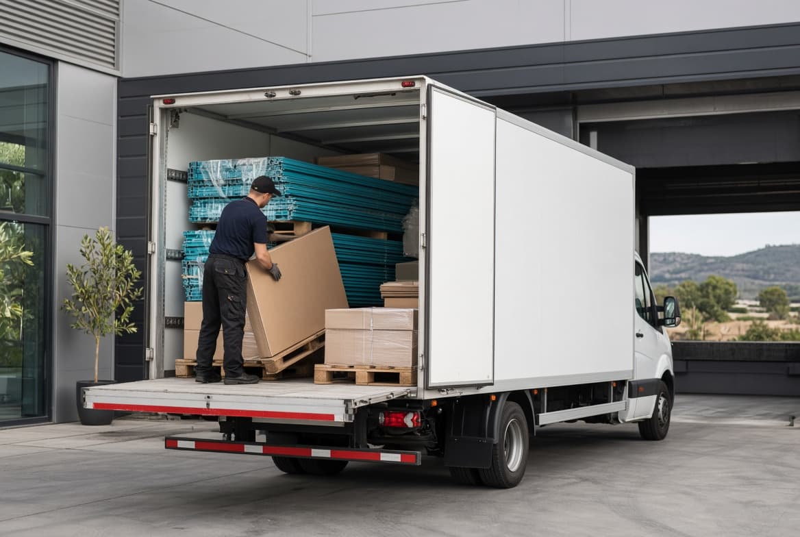 Chargement de fermetures sur mesure dans le camion, devant l'atelier Atelier Fermetures